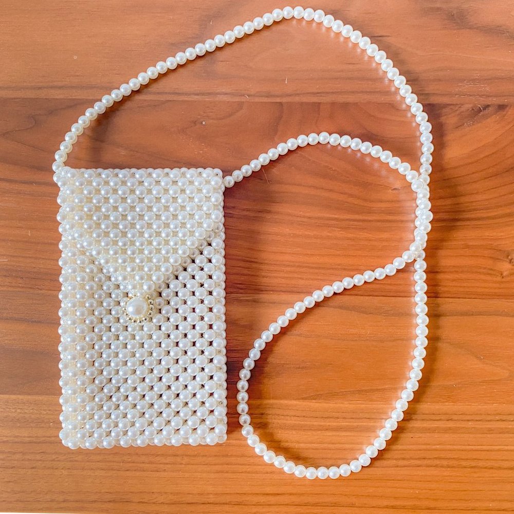 Pearl Beaded Crossbody Phone Bag - Cream